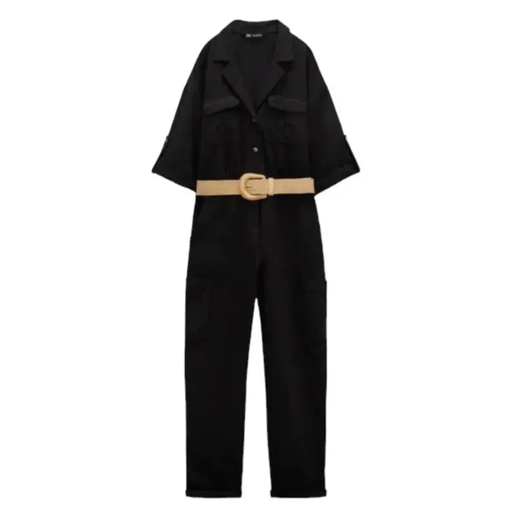 NWT ZARA Linen Blend Belted Coverall Jumpsuit in Black SZ S